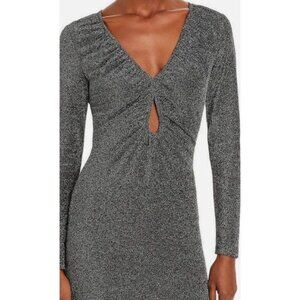 Aqua Size L Black Metallic Ruched detailing Long Sleeves Cocktail Sheath Dress